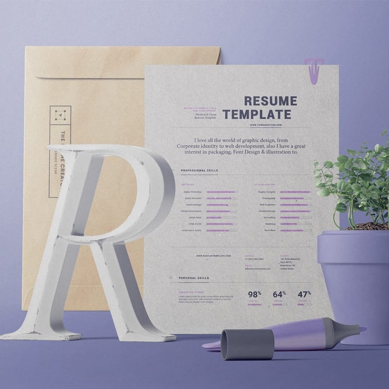 Rezume Paper And Folders Mockup Front View