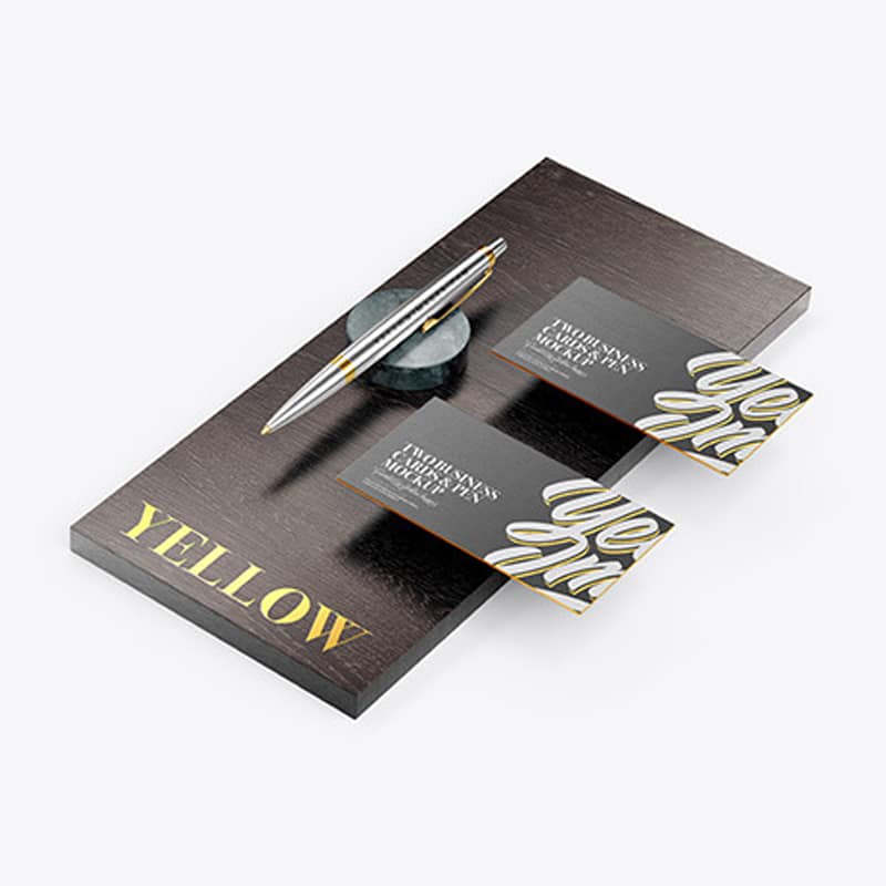 Two Business Cards & Pen with Wood Mockup