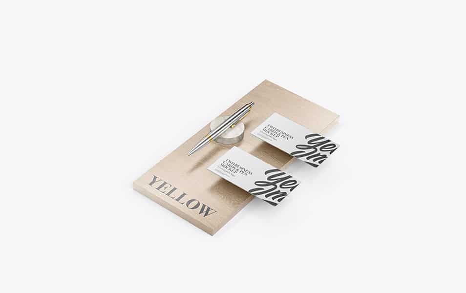Two Business Cards & Pen with Wood Mockup