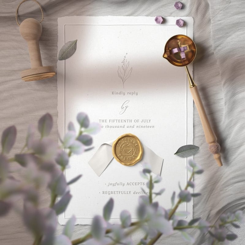 Wax Seal Invitation Card On Cloth Mockup Top View