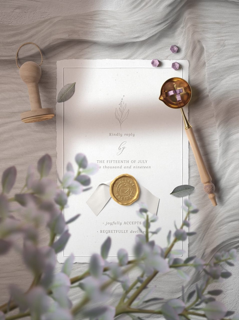 Wax Seal Invitation Card On Cloth Mockup Top View