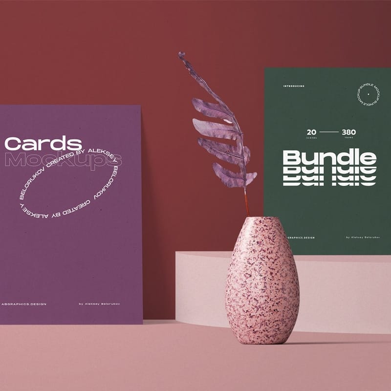 Color Paper Cards With Vase Mockup Front View