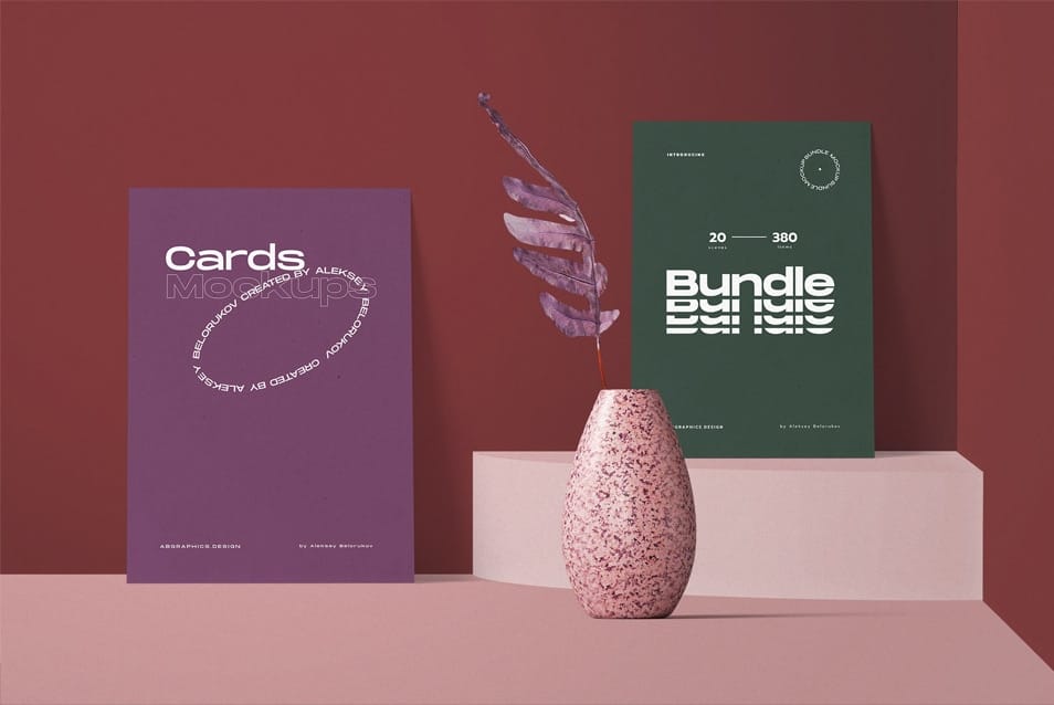 Color Paper Cards With Vase Mockup Front View