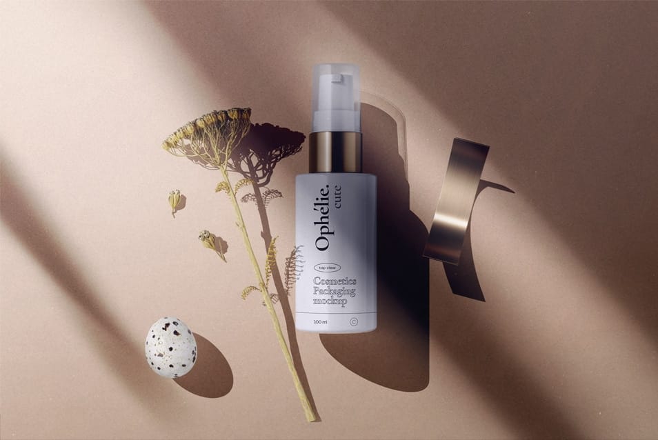 Cosmetics Bottle With Yarrow Mockup Top View