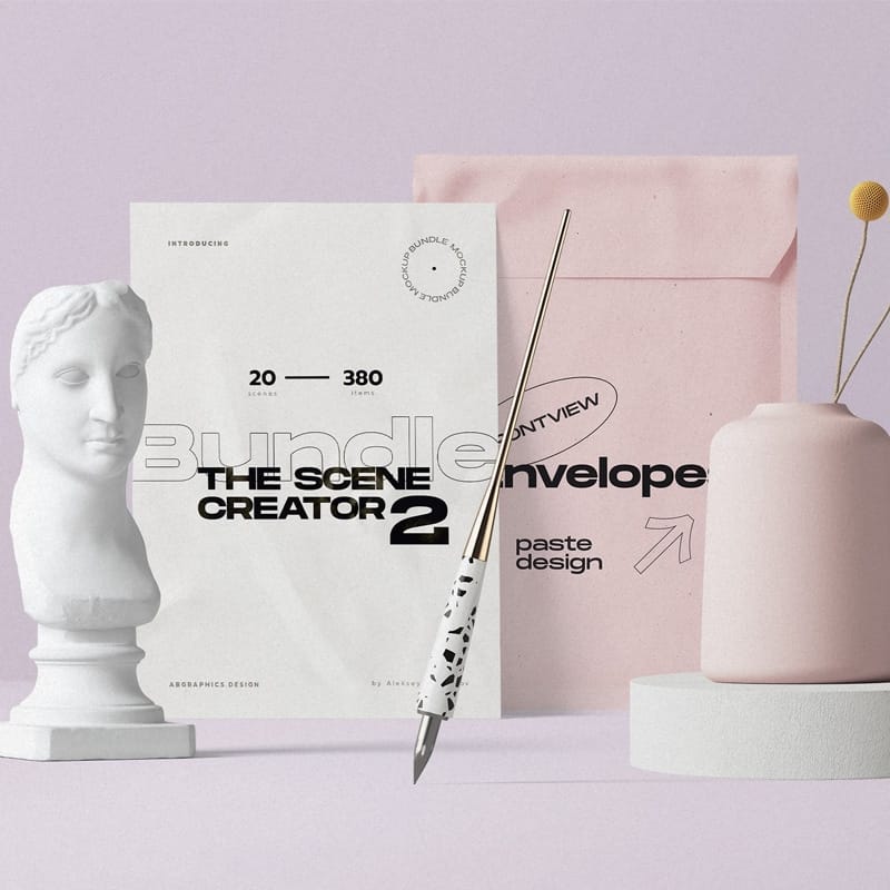 Envelope And Papers With Bust Mockup Front View