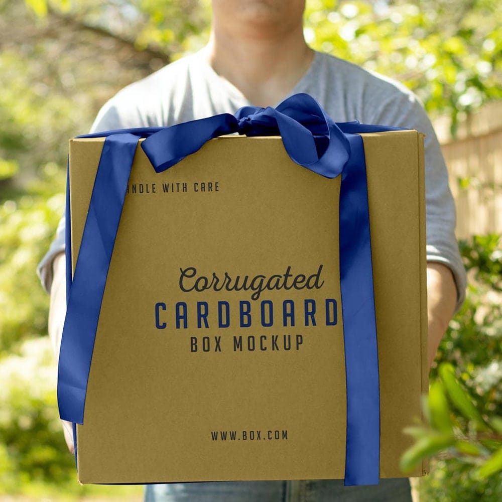 Free Hand Holding Corrugated Cardboard Box Mockup PSD