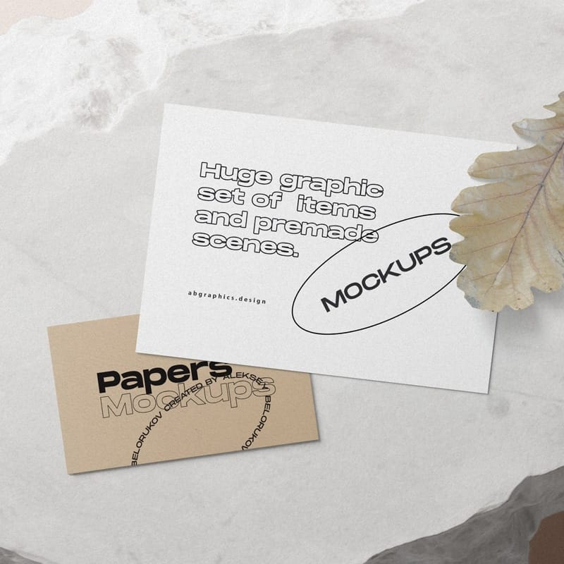 Paper Cards With Oak Leaf Mockup Top View