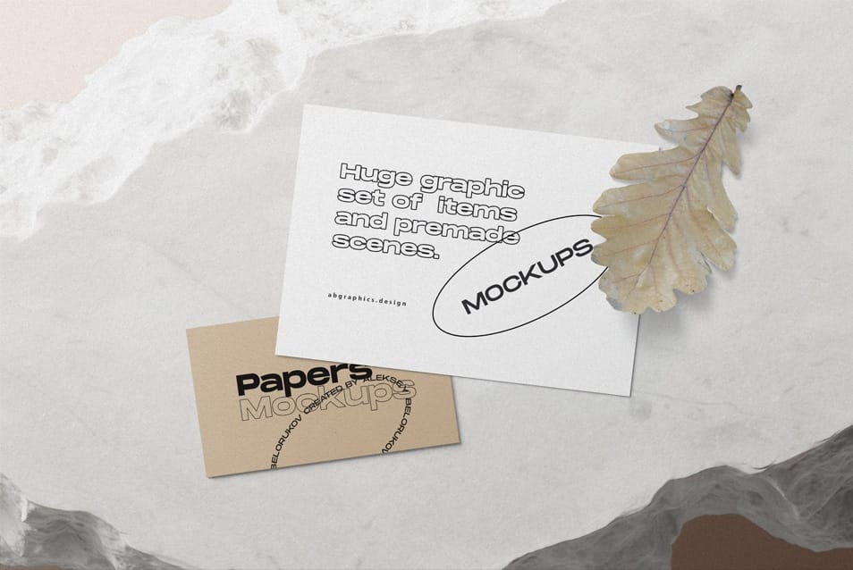 Paper Cards With Oak Leaf Mockup Top View