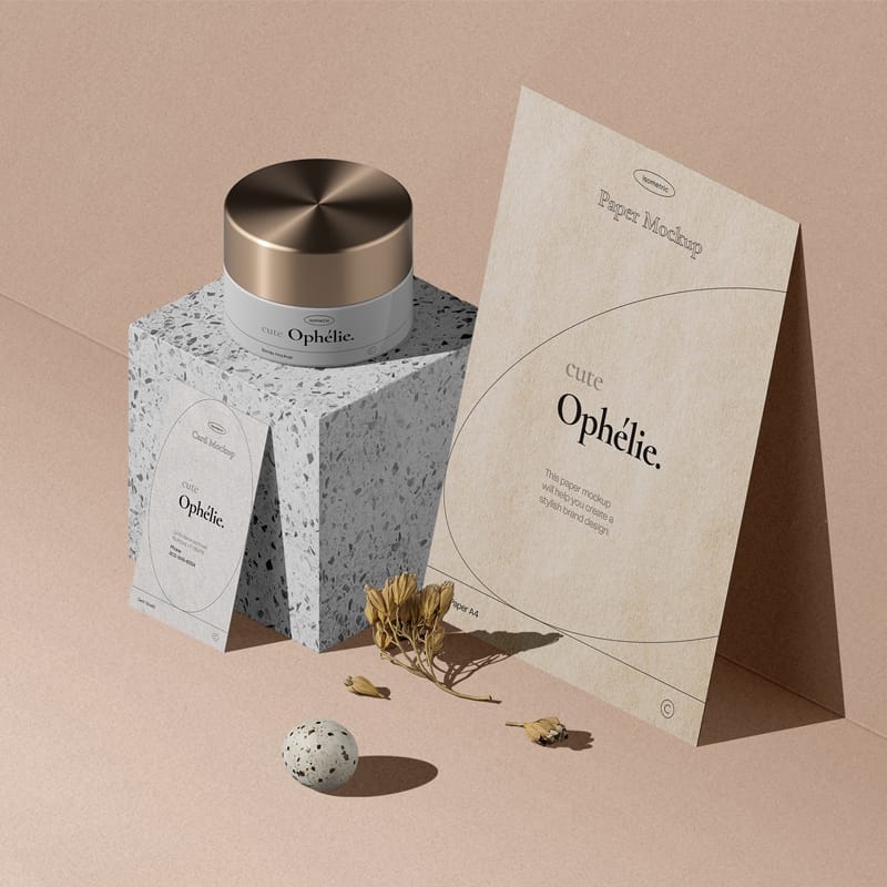 Set Of Bottle And Paper For Branding Cosmetics Mockup Isometric