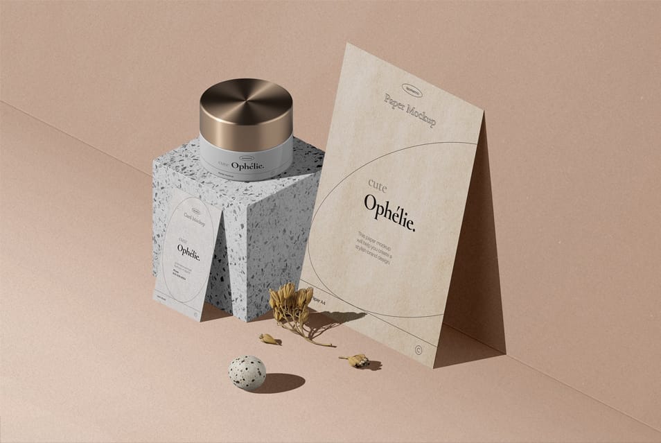 Set Of Bottle And Paper For Branding Cosmetics Mockup Isometric