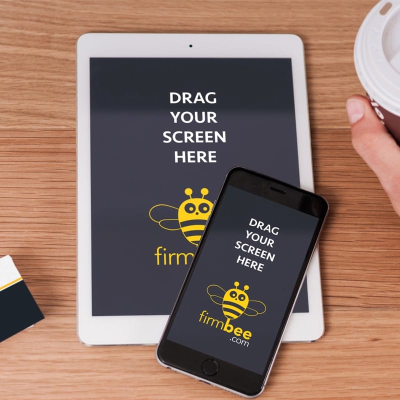 Freelancer with Apple Devices, Mug & Business Cards PSD Mockup