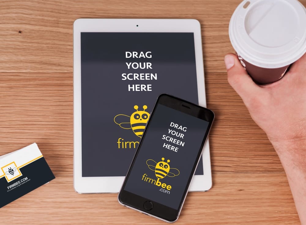 Freelancer with Apple Devices, Mug & Business Cards PSD Mockup