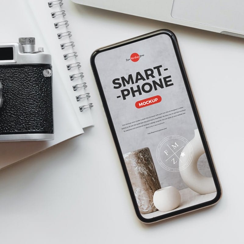 Free Camera With Smart Phone Mockup PSD