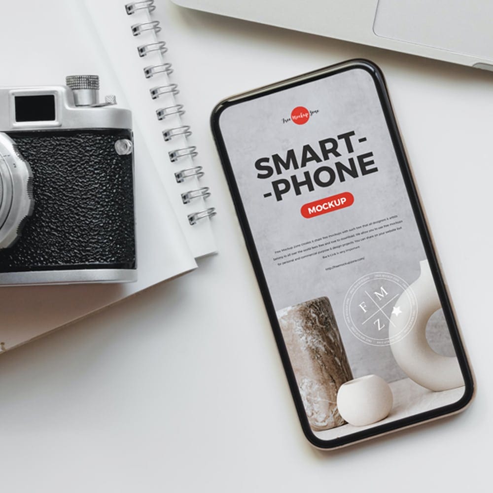 Free Camera With Smart Phone Mockup PSD