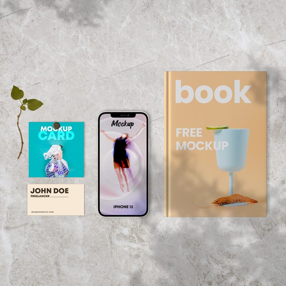 Free Book & Cards with iPhone 12 Mockup