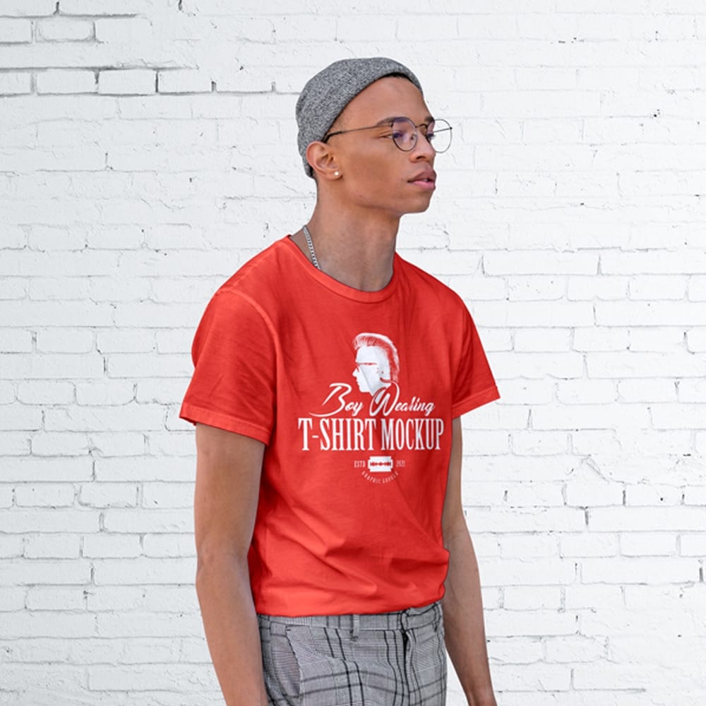 Free Boy Wearing T-Shirt Mockup