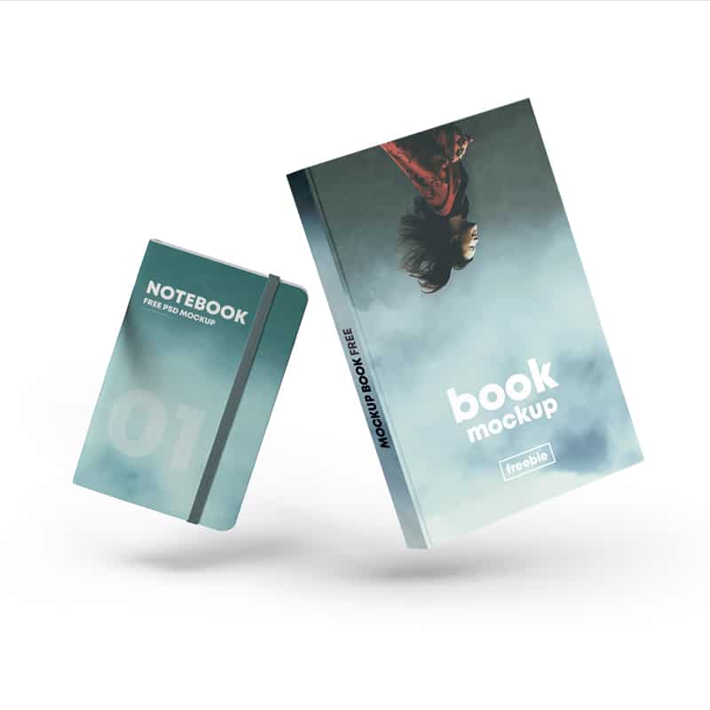 Floating Book Cover & Notebook Free Mockup