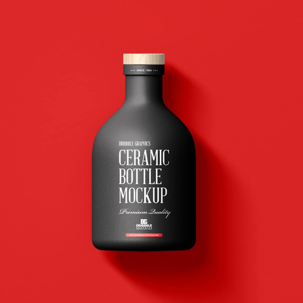 Free Ceramic Bottle with Wooden Cap Mockup