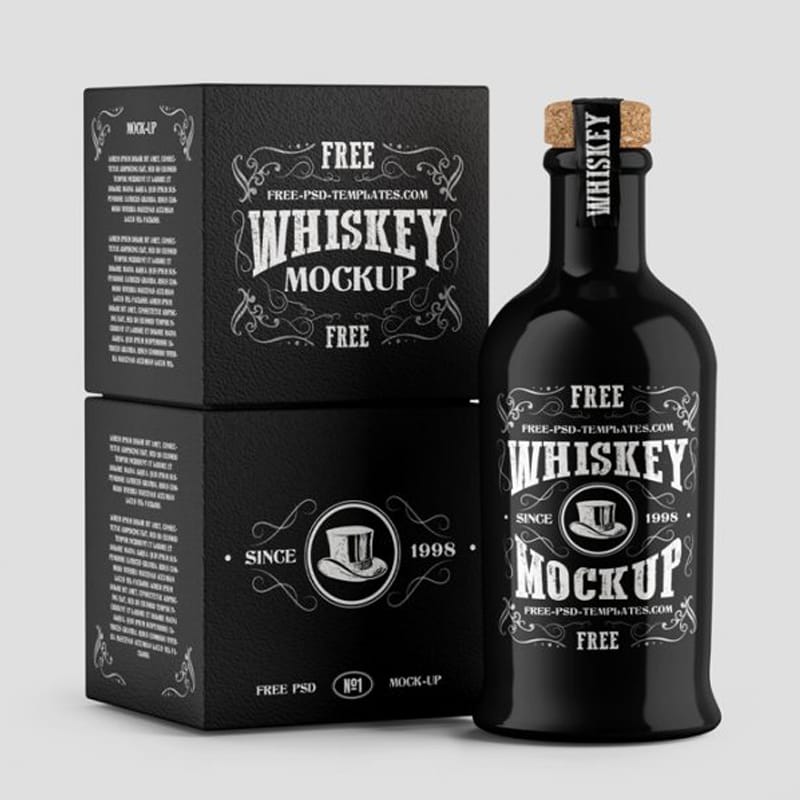 Free Whiskey Bottle with Box Mockups in PSD