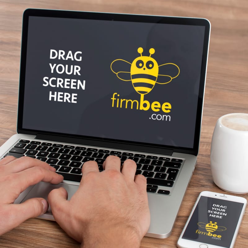 MacBook Pro with iPhone and Black Notebook on the Table Mockup