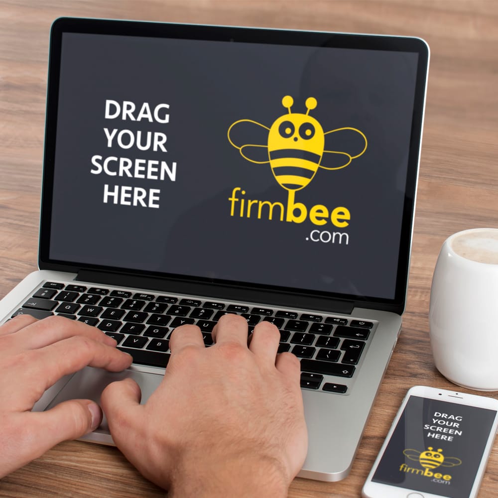 MacBook Pro with iPhone and Black Notebook on the Table Mockup