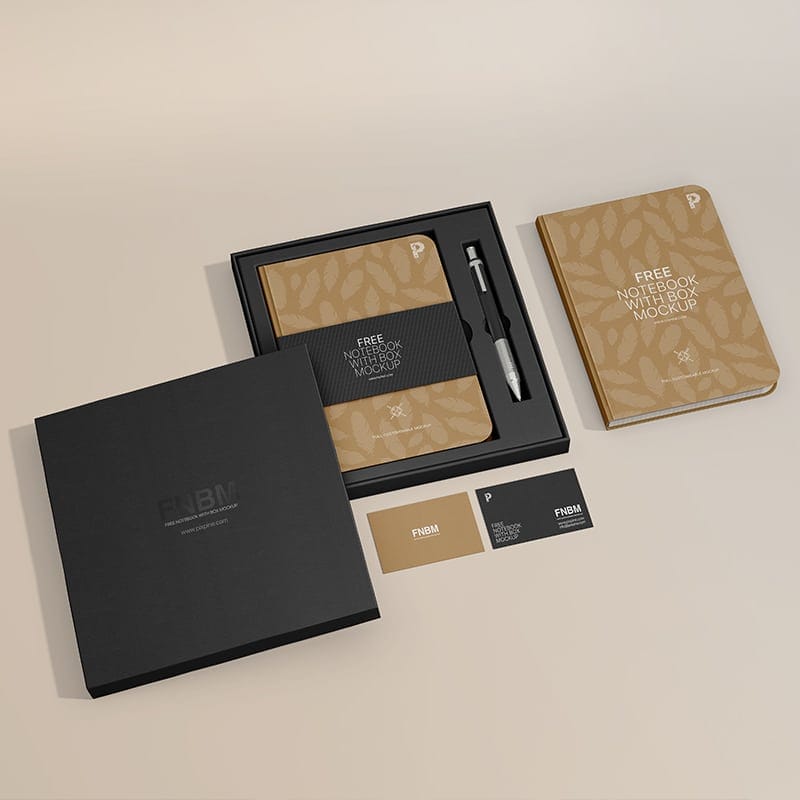 Free Notebook with Box Mockup