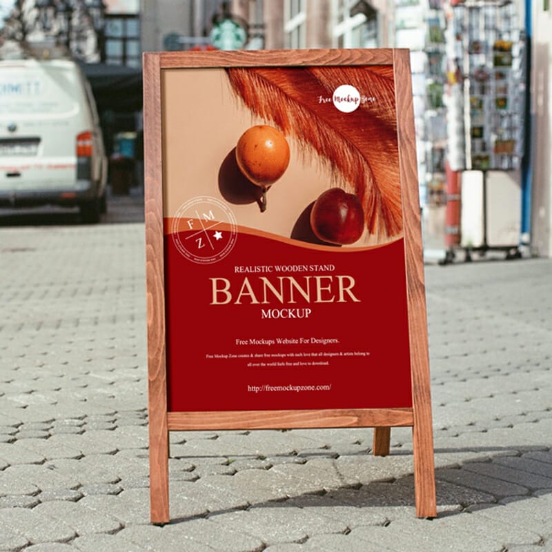 Free Realistic Wooden Stand Banner Mockup