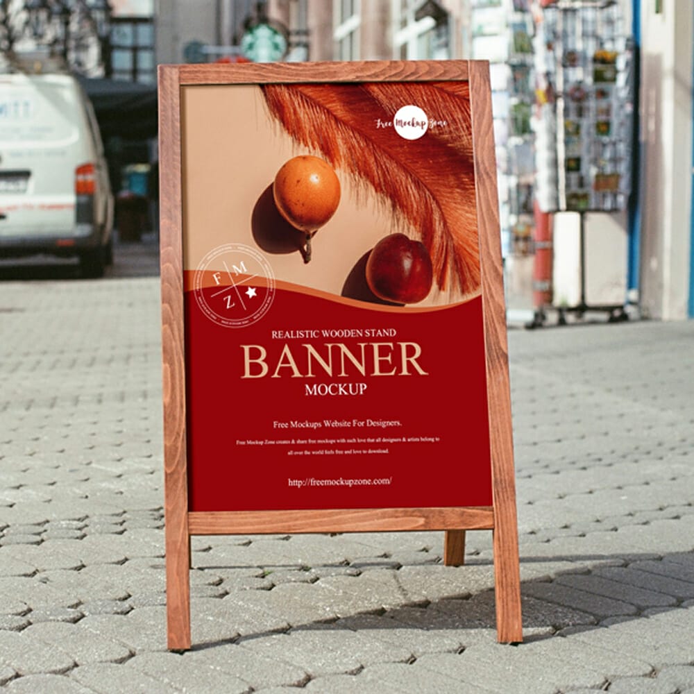 Free Realistic Wooden Stand Banner Mockup