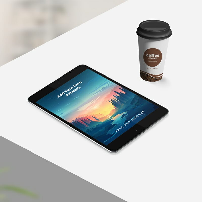 Tablet With Coffee Cup Free Mockup