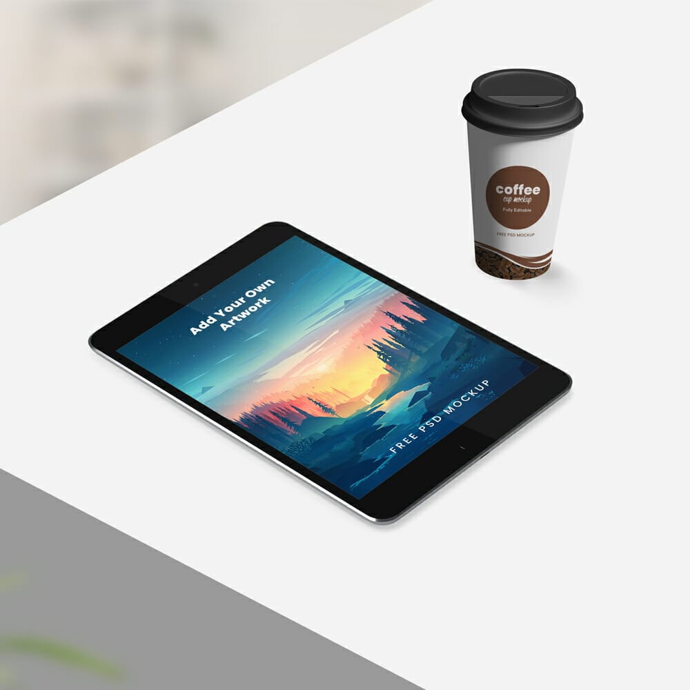 Tablet With Coffee Cup Free Mockup