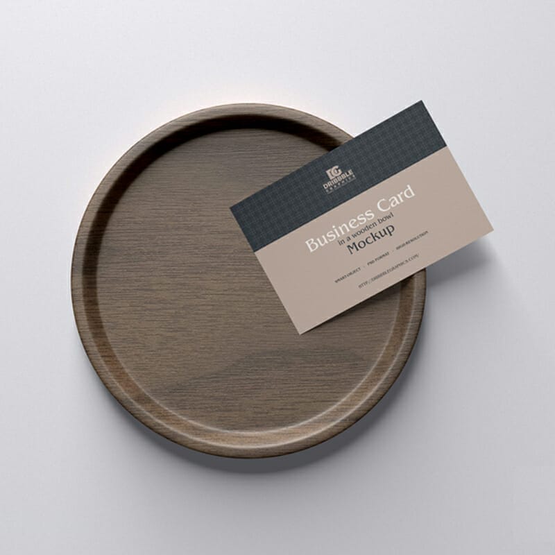 Free Business Card in a Wooden Bowl Mockup