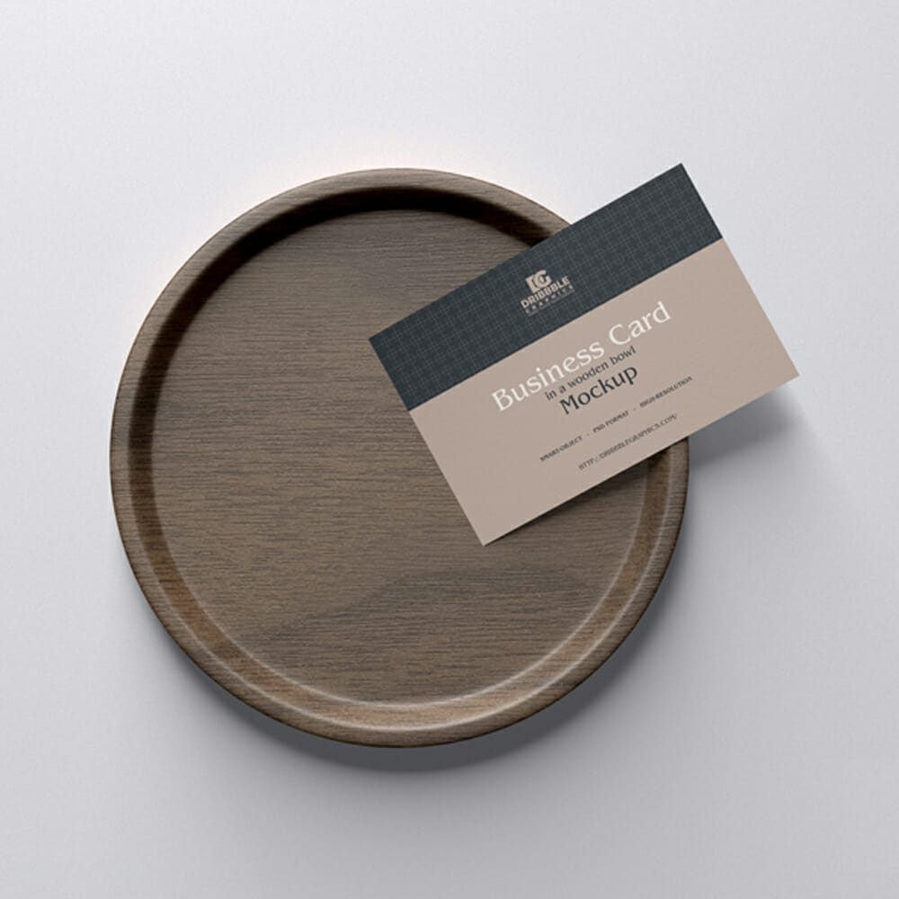 Free Business Card in a Wooden Bowl Mockup