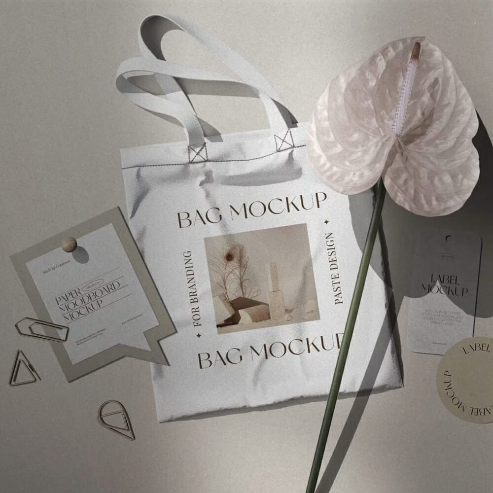 Free Branding Moodboard With Fabric Bag Mockup And Flower