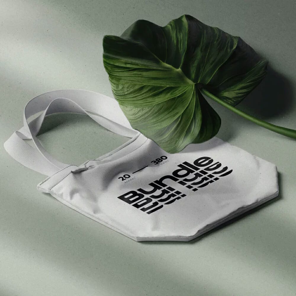 Free Fabric Bag Mockup With Tropic Leaf Isometric