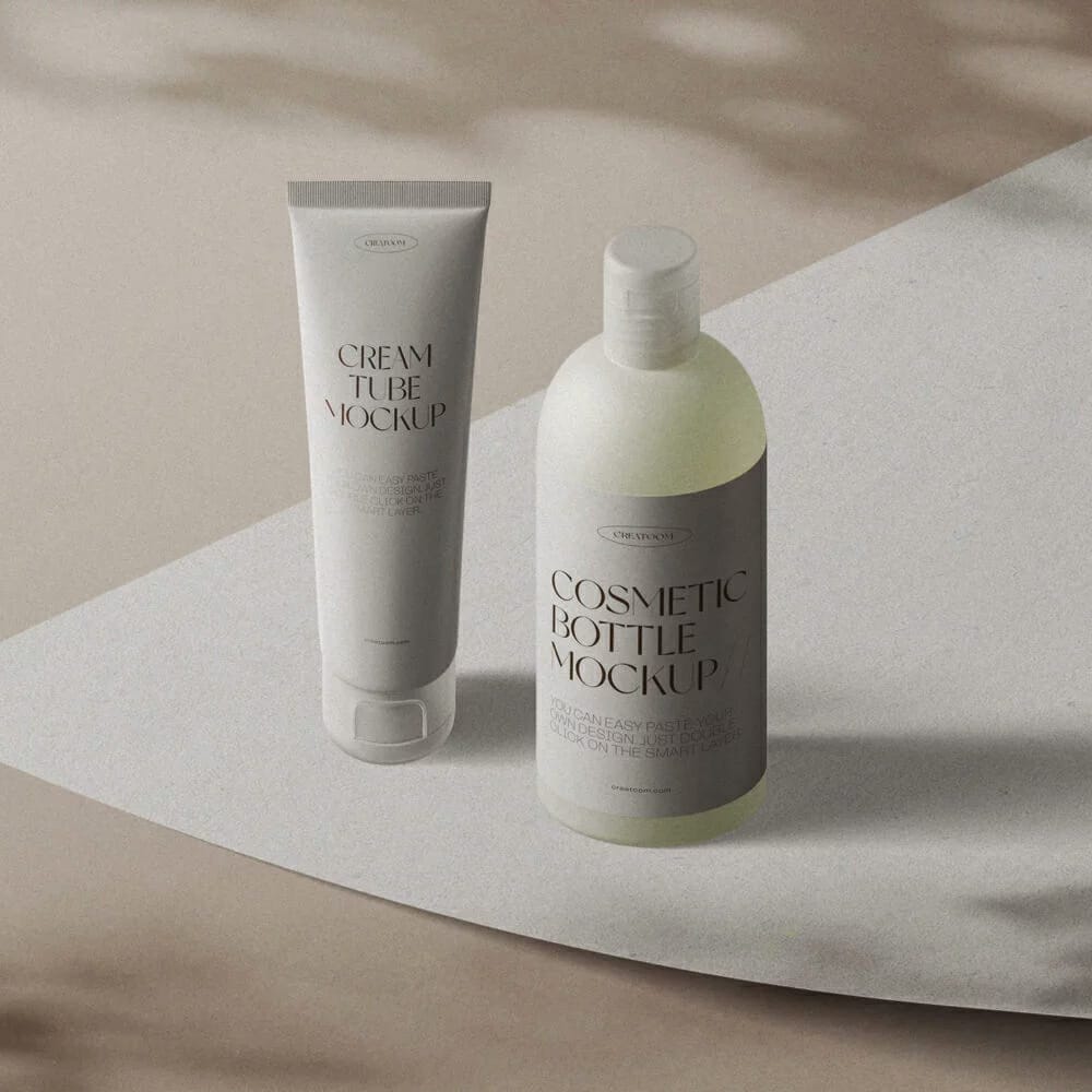Free Minimalistic Scene With Cosmetic Tube And Bottle Mockups Isometric