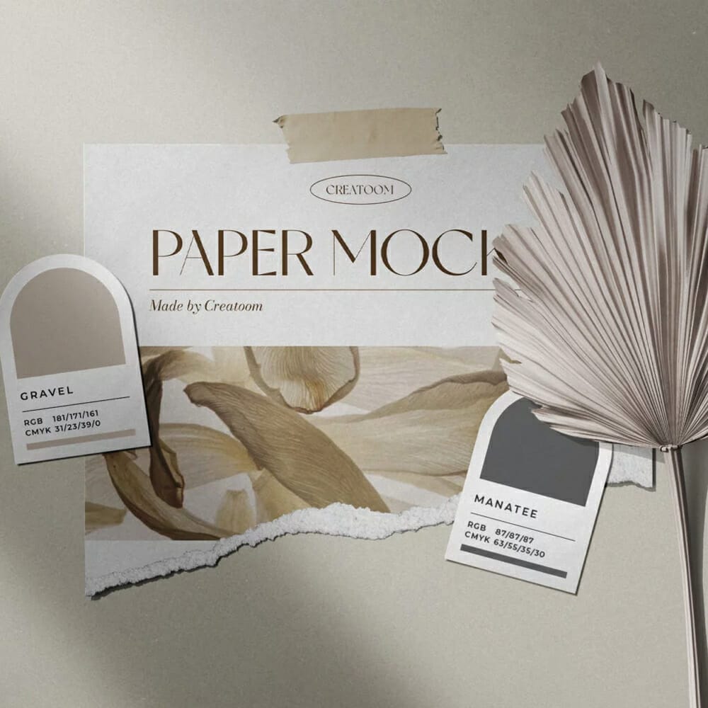 Free Moodboard Paper Color Pallete Mockup With Dry Palm Branch