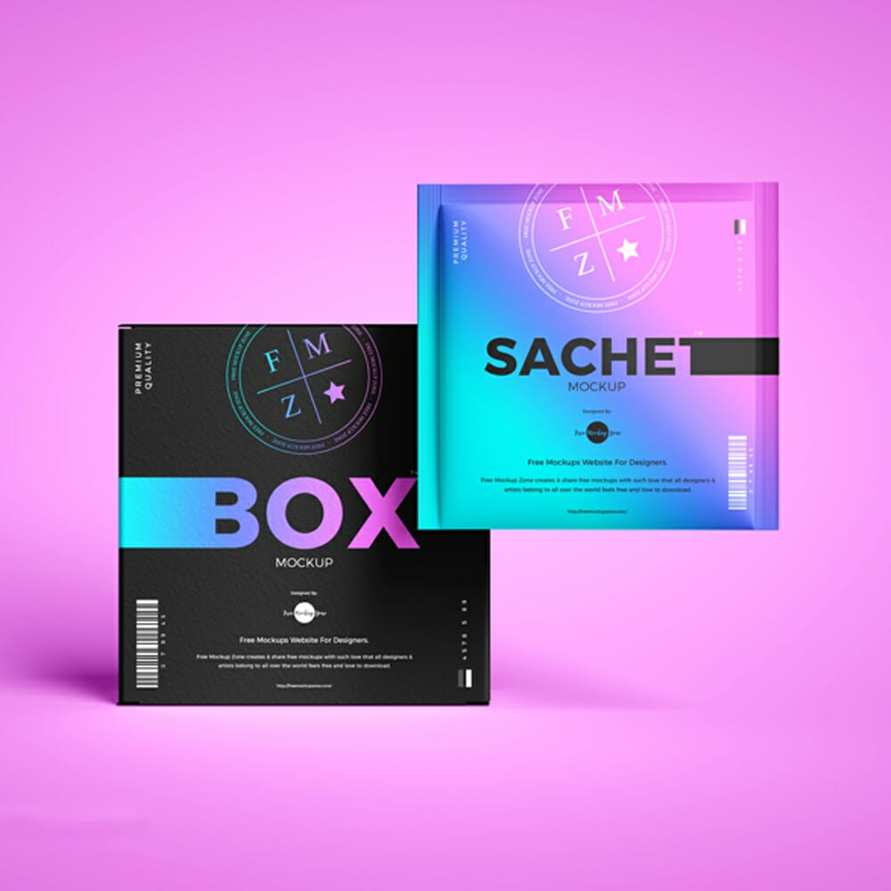 Free Sachet With Box Packaging Mockup
