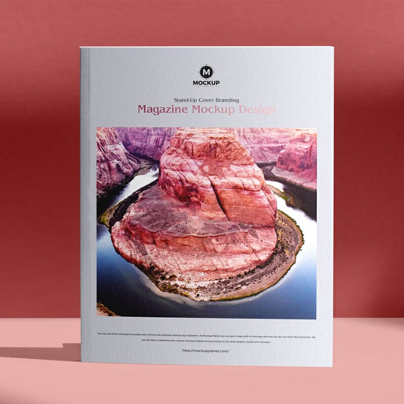 Free Stand-Up Cover Branding Magazine Mockup Design