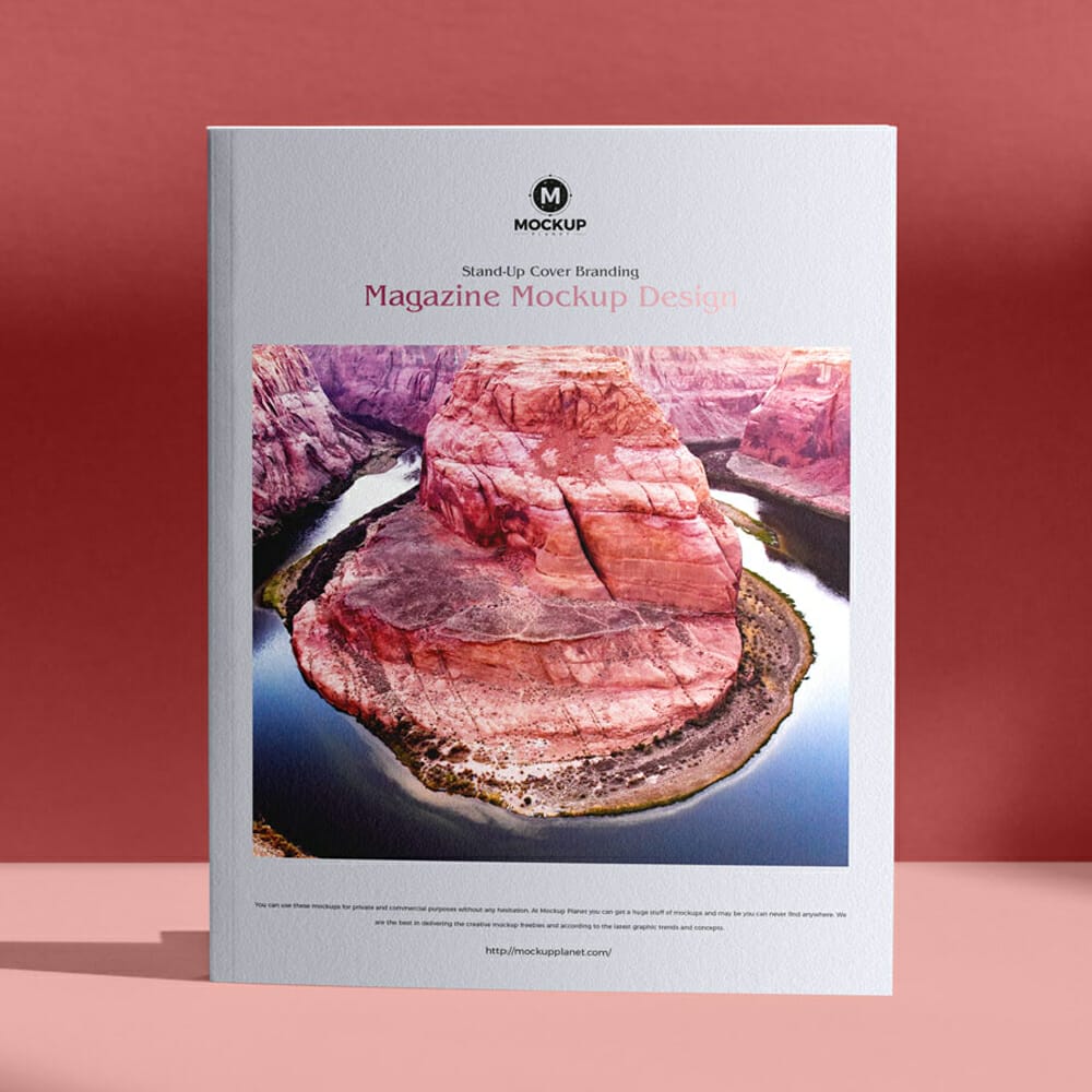 Free Stand-Up Cover Branding Magazine Mockup Design