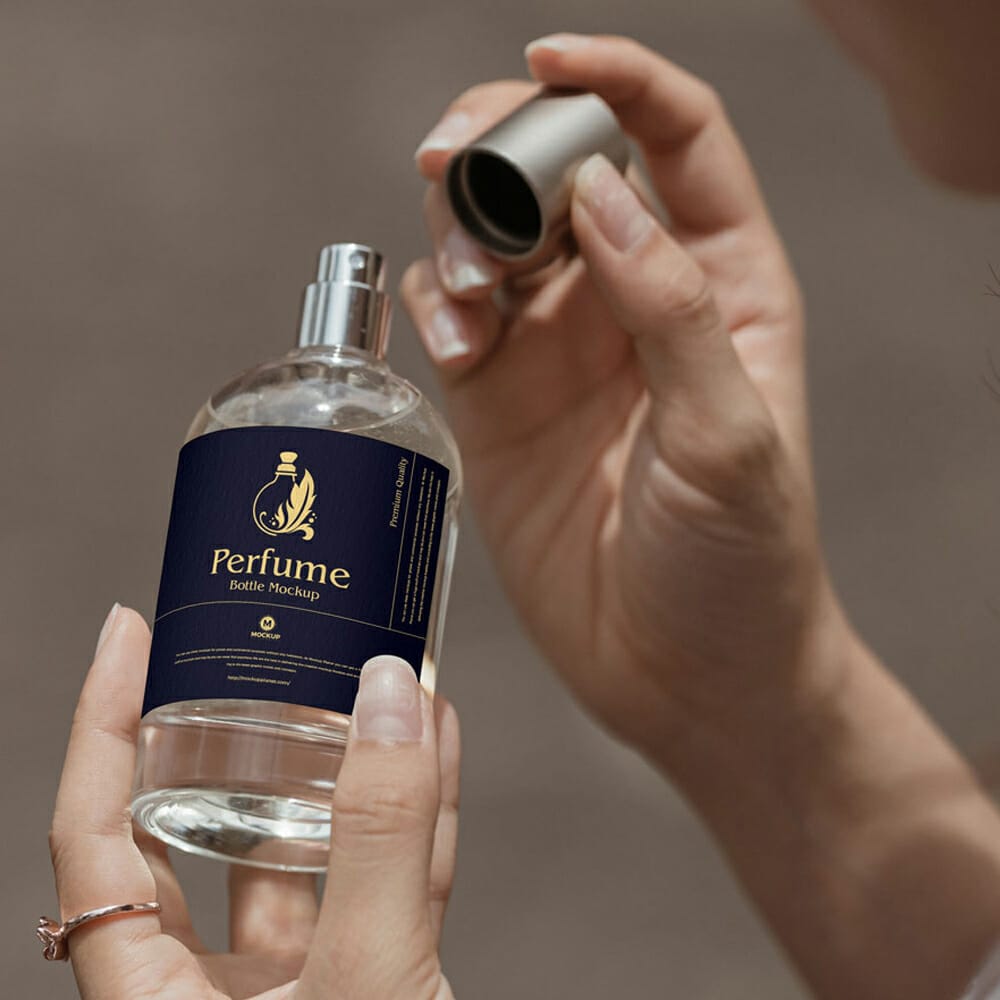 Free Woman Opening Perfume Bottle Mockup Design