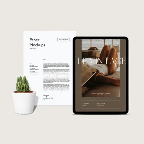 Front View Paper and Tablet Mockup