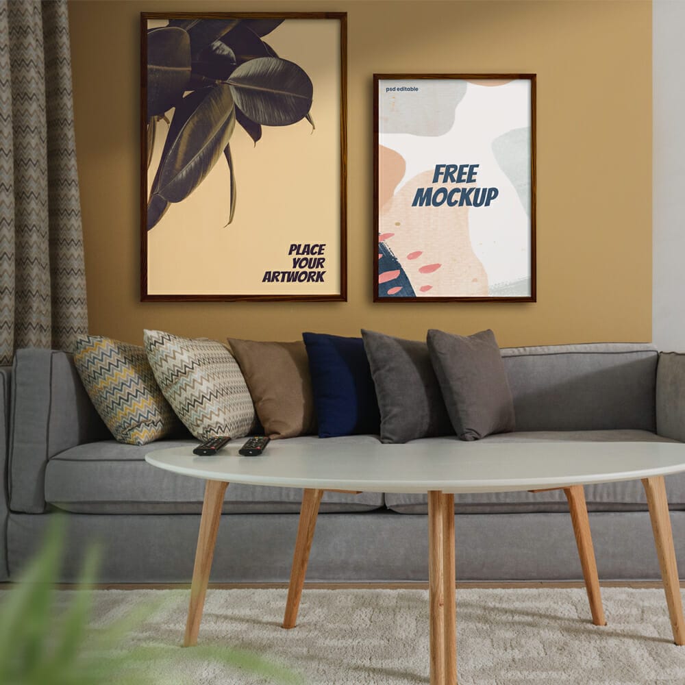 Poster Frames in a Living Room Free Mockup