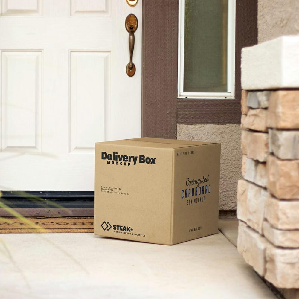 Free Brown Delivery Box At Door Mockup PSD