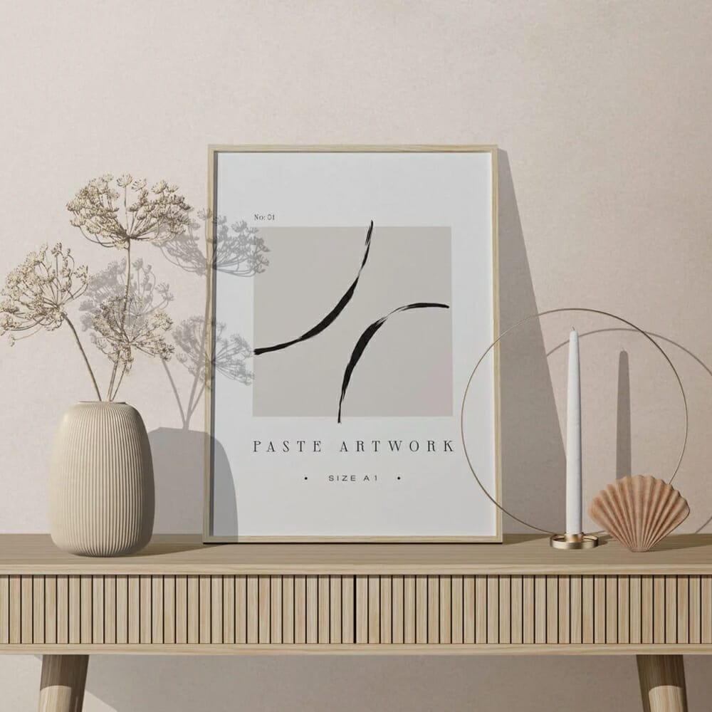 Free Frame Mockup On Table With Decorative Plant And Candle