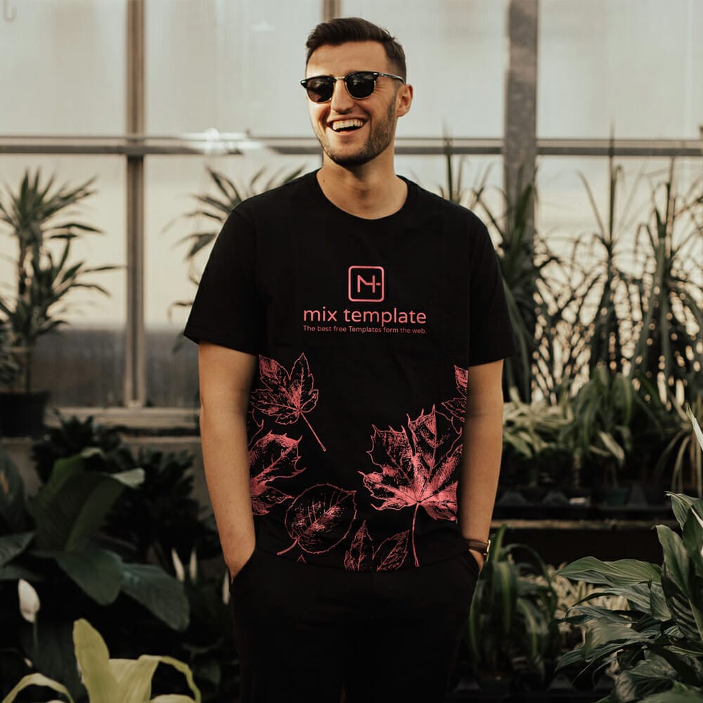 Free Smiling Man In Black T-Shirt Mockup Template