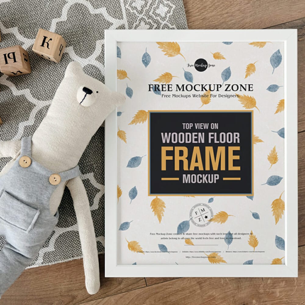 Free Top View on Wooden Floor Frame Mockup