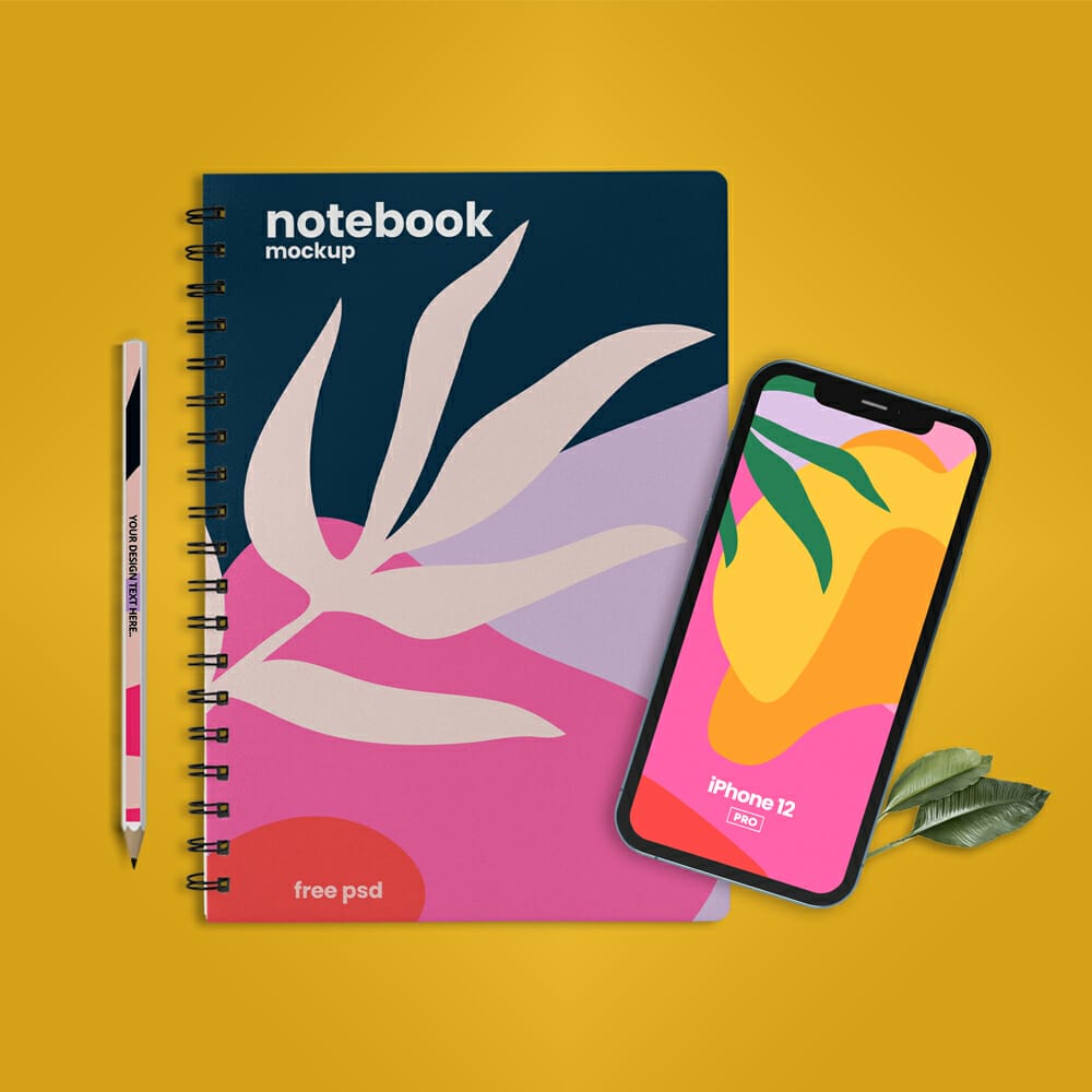 Notebook with iPhone 12 Scene Free Mockup