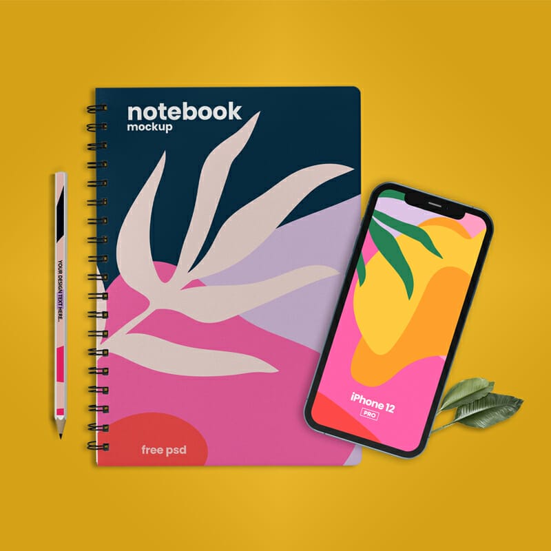 Notebook with iPhone 12 Scene Free Mockup