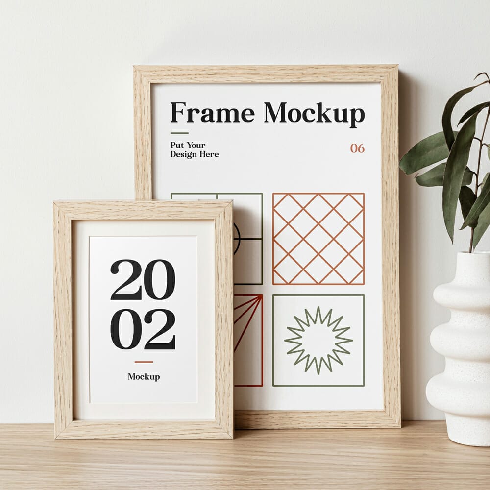 Wood Frames On Table Mockup
