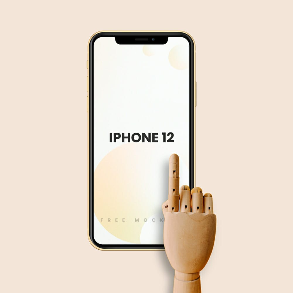 iPhone 12 With Wooden Hand Free Mockup